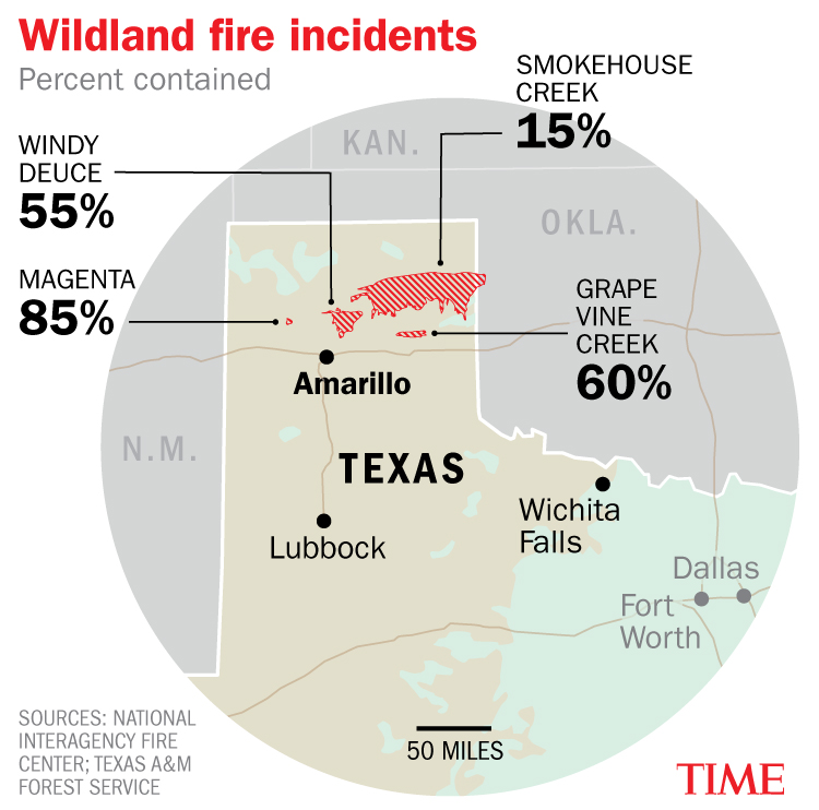 Map of wildfires in Texas and Oklahoma.