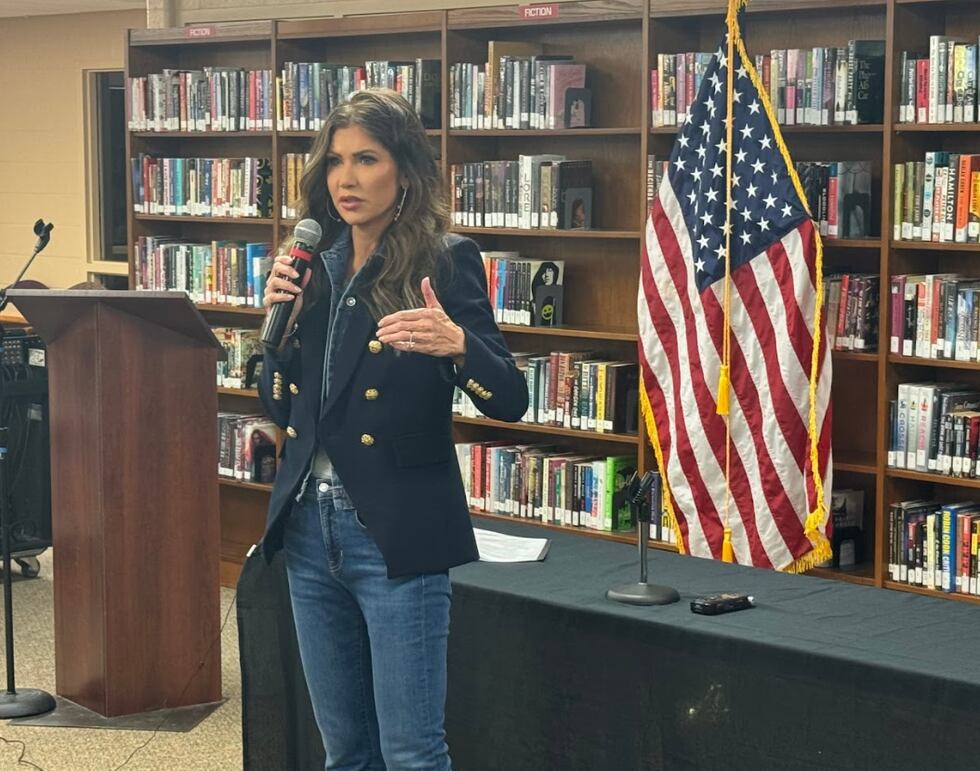 Gov. Kristi Noem speaking at a Mitchell Town Hall on March 13