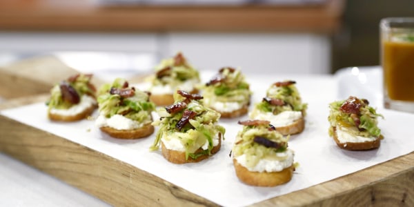 Bobby Flay's Crostini with Ricotta, Brussels Sprouts and Bacon