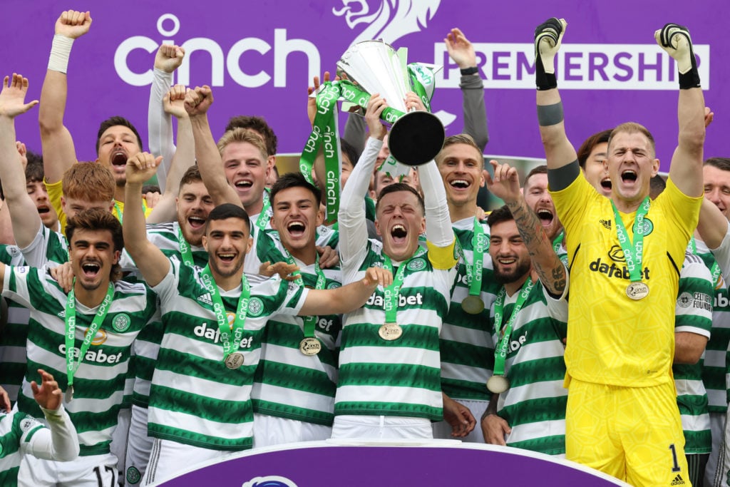 Callum McGregor of Celtic lifts the SPL trophy during the Cinch Scottish Premiership match between Celtic and Aberdeen at Celtic Park Stadium on Ma...