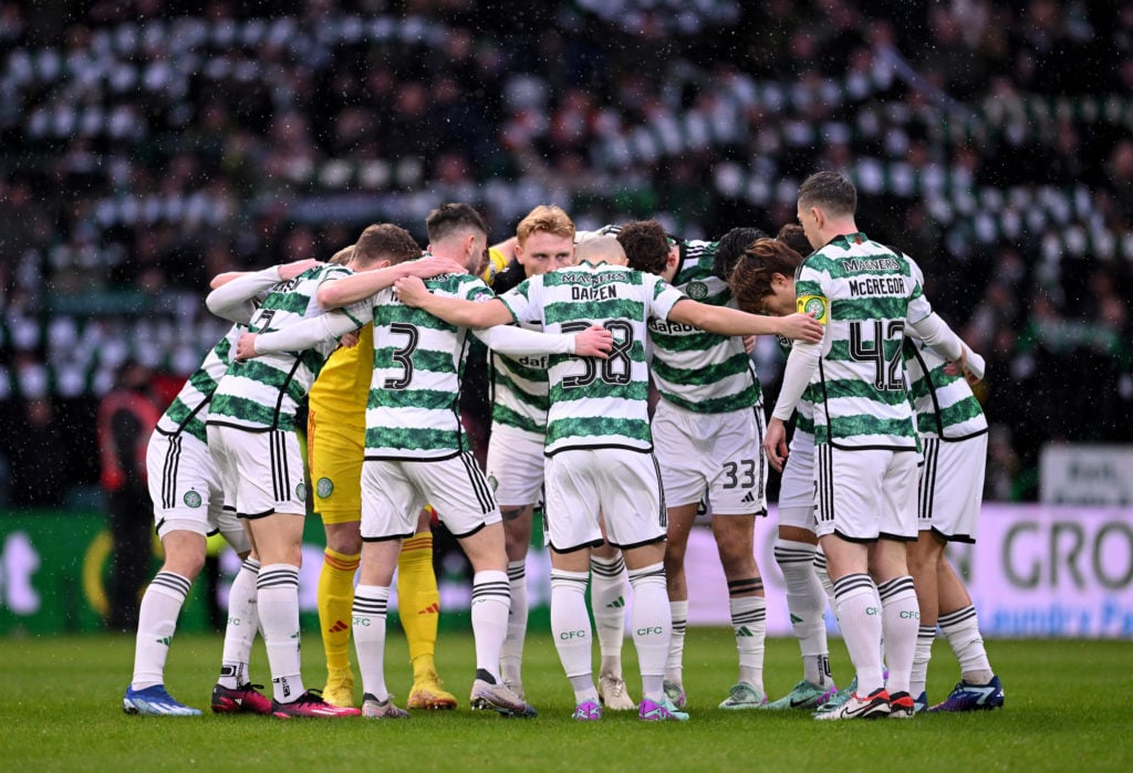 The players of Celtic form a huddle prior to kick-off ahead of the Cinch Scottish Premiership match between Celtic FC and Rangers FC at Celtic Park...