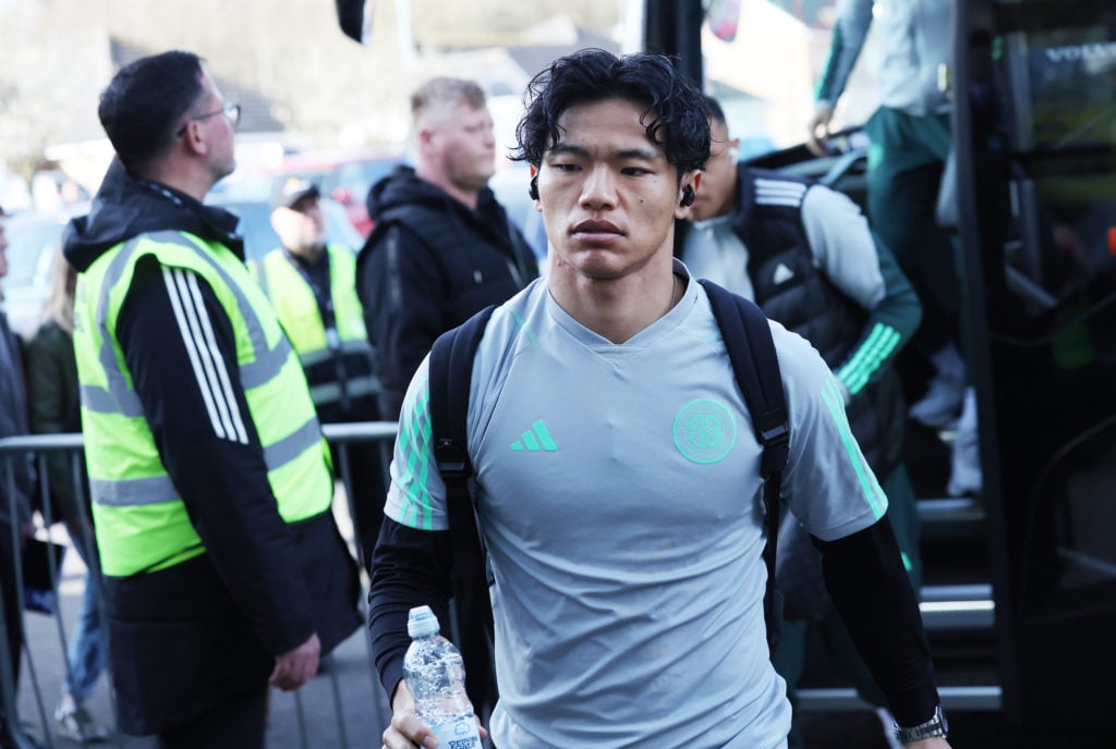 Reo Hatate of Celtic arrives prior to the Cinch Scottish Premiership match between Livingston FC and Celtic FC at Tony Macaroni Arena on March 31, ...