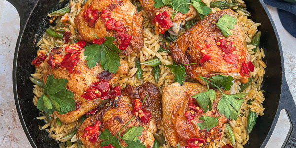 One-Pan Spicy Chicken Thighs with Orzo