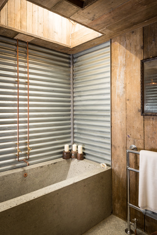 rustic farmhouse bathroom corrugated metal shower enclosure