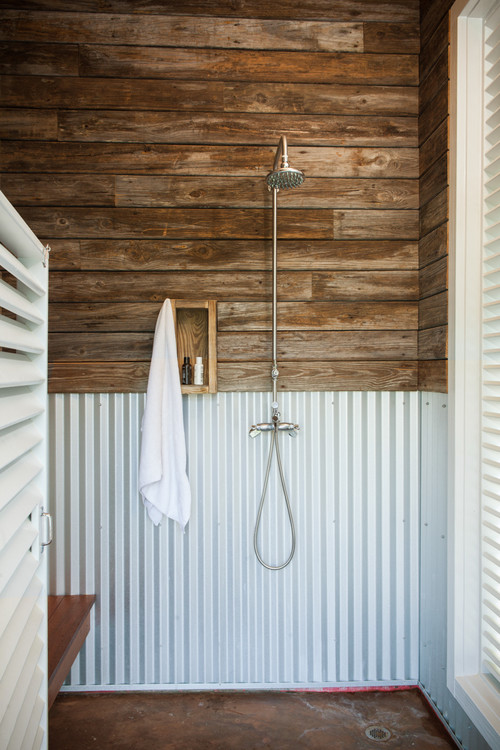 rustic farmhouse bathroom corrugated metal shower half wall