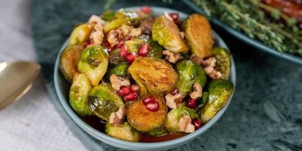 Brussels Sprouts with Pomegranates, Walnuts and Maple Syrup