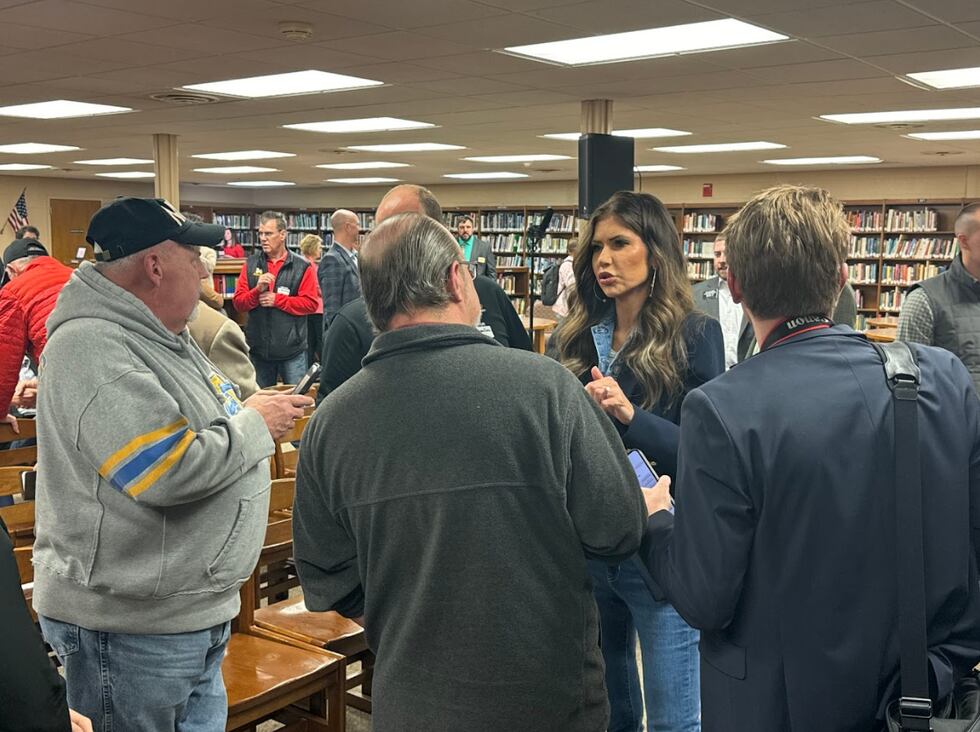Gov. Kristi Noem speaking with attendees at the Mitchell Town Hall
