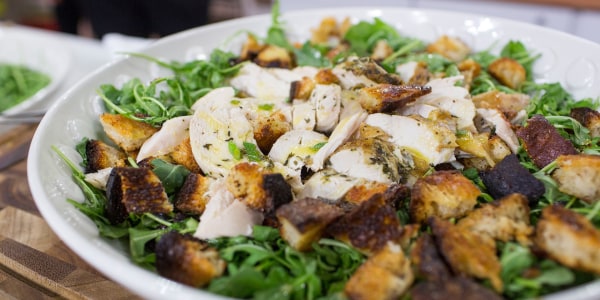 Ina Garten's Roast Chicken Over Bread and Arugula Salad