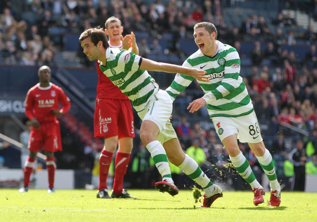 Joe Ledley of Celtic celebrates scoring the second goal with Gary Hooper during the Scottish Cup semi-final between Aberdeen and Celtic at Hampden ...
