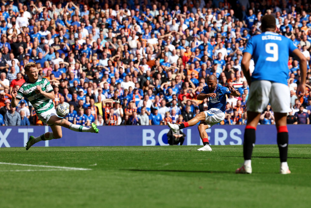 Kemar Roofe of Rangers scores the team's first goal which is later disallowed by VAR during the Cinch Scottish Premiership match between Rangers FC...