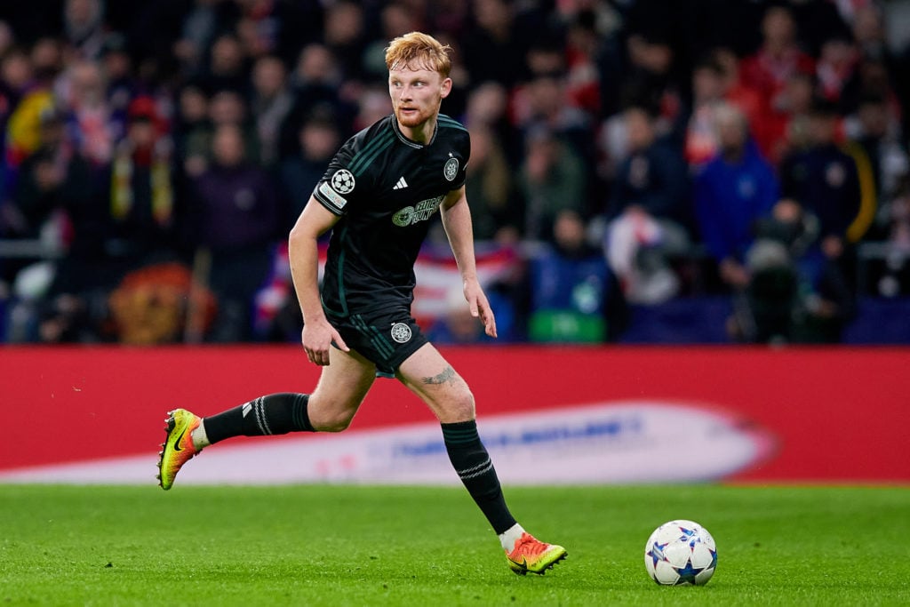 Liam Scales of Celtic FC runs with the ball during the UEFA Champions League match between Atletico Madrid and Celtic FC at Civitas Metropolitano S...