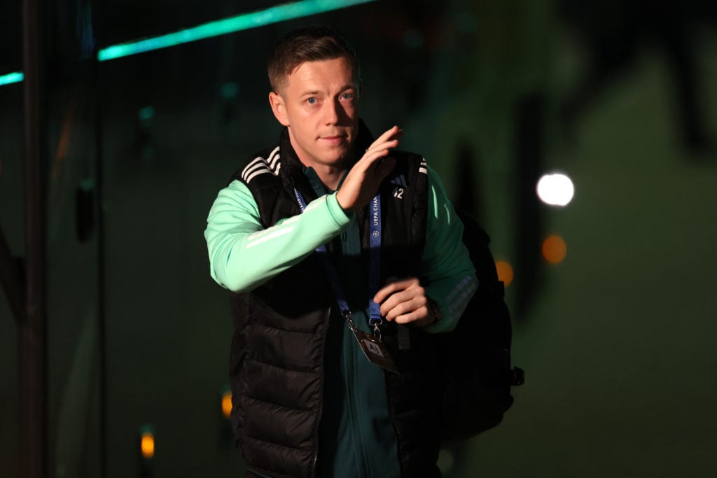 Callum McGregor of Celtic arrives at the stadium prior to the UEFA Champions League match between Celtic FC and Feyenoord at Celtic Park Stadium on...