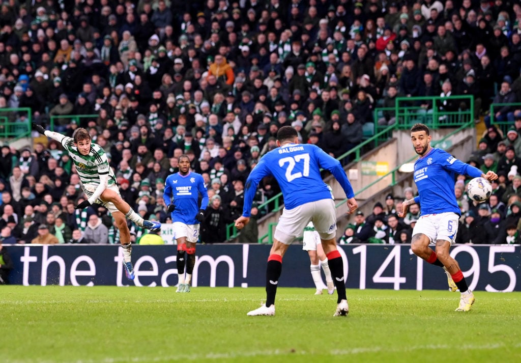 Paulo Bernardo of Celtic takes a shot during the Cinch Scottish Premiership match between Celtic FC and Rangers FC at Celtic Park Stadium on Decemb...