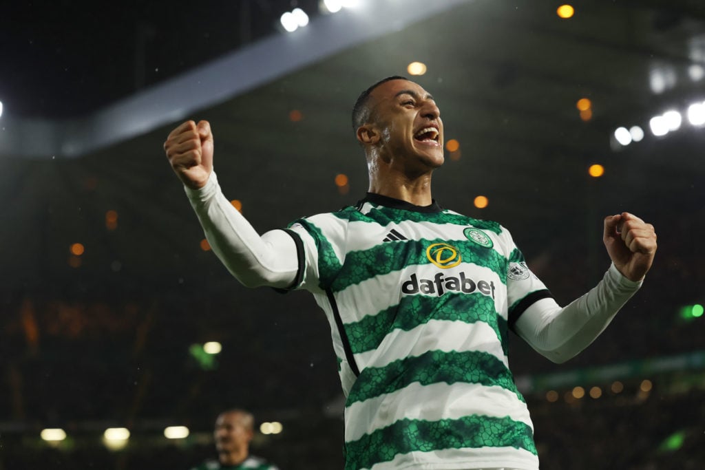 Adam Idah of Celtic celebrates after he scores his team's second goal during the Cinch Scottish Premiership match between Celtic FC and Dundee FC a...