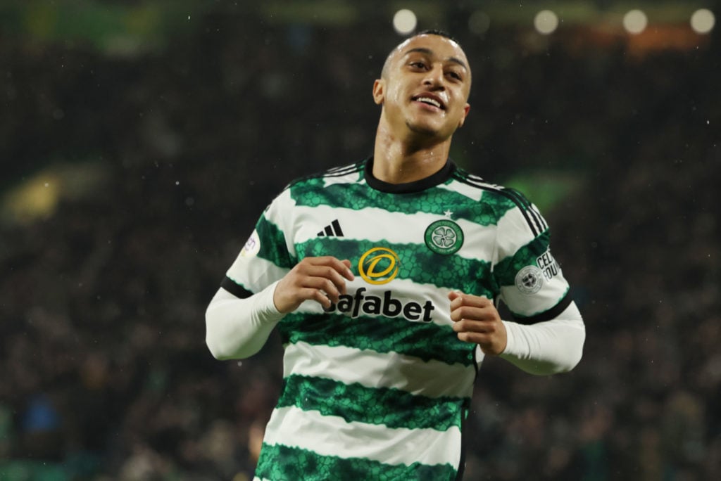 Adam Idah of Celtic celebrates after he scores his team's second goal during the Cinch Scottish Premiership match between Celtic FC and Dundee FC a...