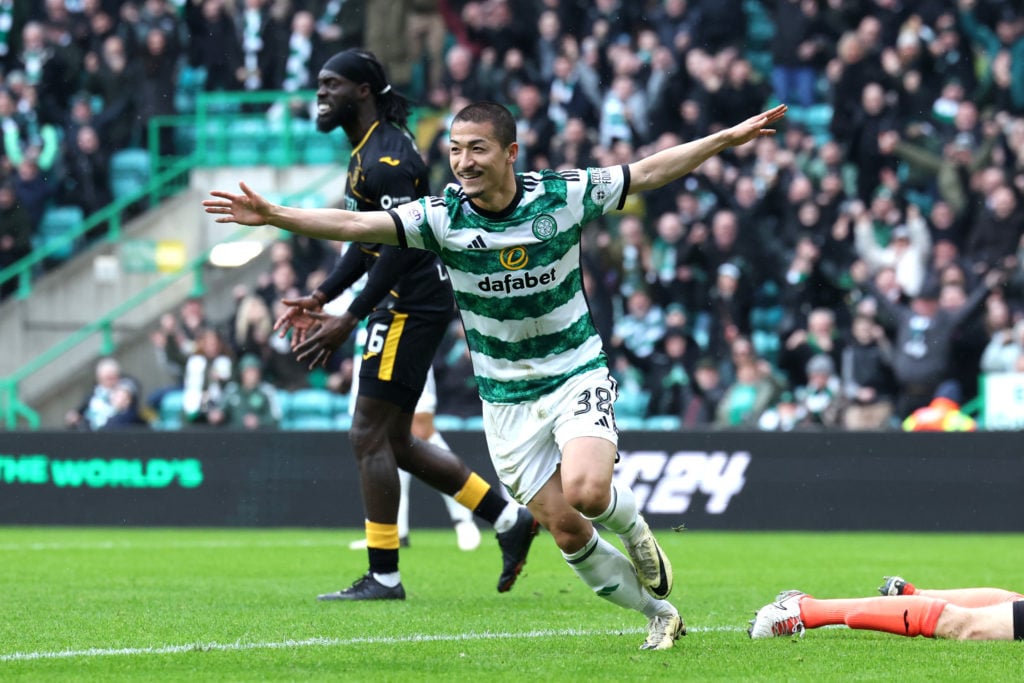 Daizen Maeda of Celtic celebrates scoring his team's second goal during the Scottish Cup Quarter Final match between Celtic and Livingston at Celti...