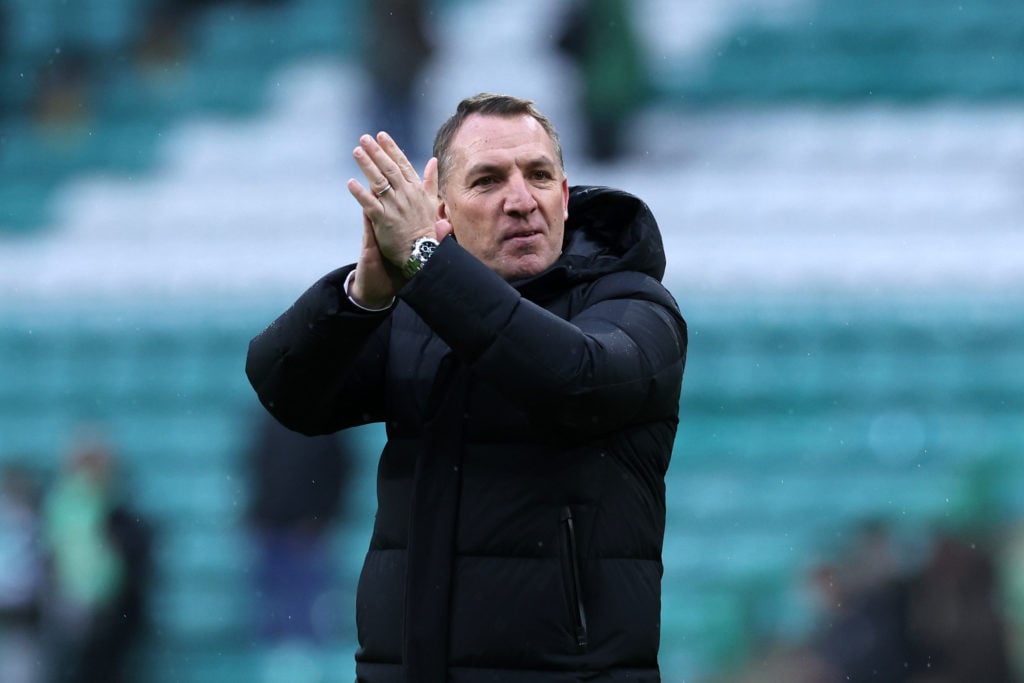 Brendan Rodgers, Manager of Celtic, acknowledges the fans after the team's victory in the Scottish Cup Quarter Final match between Celtic and Livin...