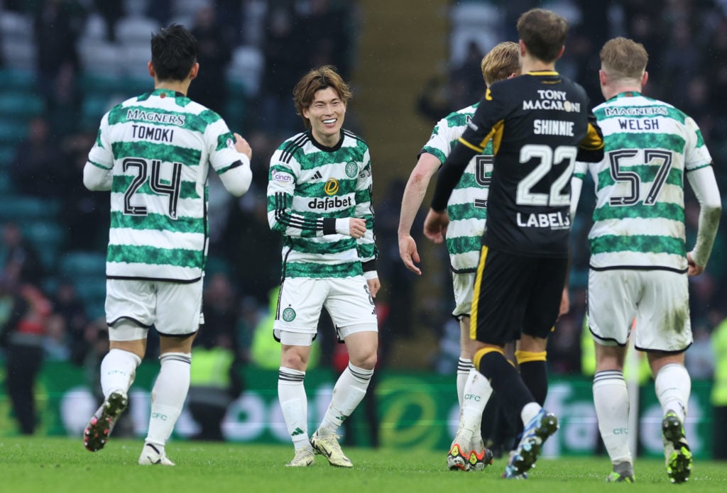 Kyogo Furuhashi scores his team's fourth goal during the Scottish Cup Quarter Final match between Celtic and Livingston at Celtic Park on March 10,...