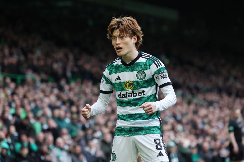 Kyogo Furuhashi of Celtic celebrates after he scores the opening goal during the Cinch Scottish Premiership match between Celtic FC and St. Johnsto...