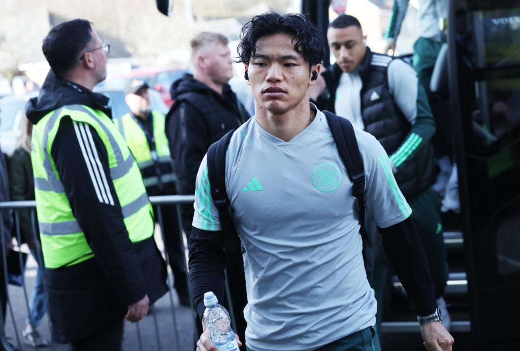 Reo Hatate of Celtic arrives prior to the Cinch Scottish Premiership match between Livingston FC and Celtic FC at Tony Macaroni Arena on March 31, ...