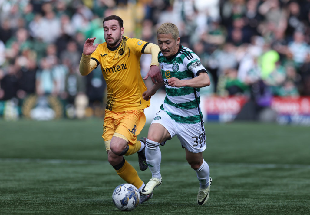 Scott Pittman of Livingston vies with Daizen Maeda of Celtic during the Cinch Scottish Premiership match between Livingston FC and Celtic FC at Ton...