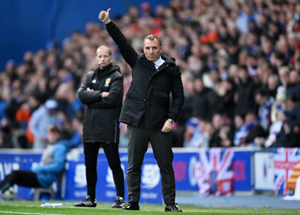 Brendan Rodgers, Manager of Celtic, gives a thumbs up during the Cinch Scottish Premiership match between Rangers FC and Celtic FC at Ibrox Stadium...