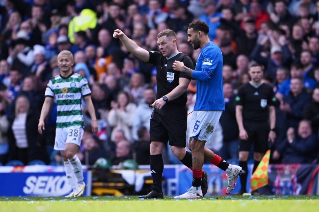 Referee John Beaton disallows a goal for Rangers as Connor Goldson of Rangers reacts during the Cinch Scottish Premiership match between Rangers FC...
