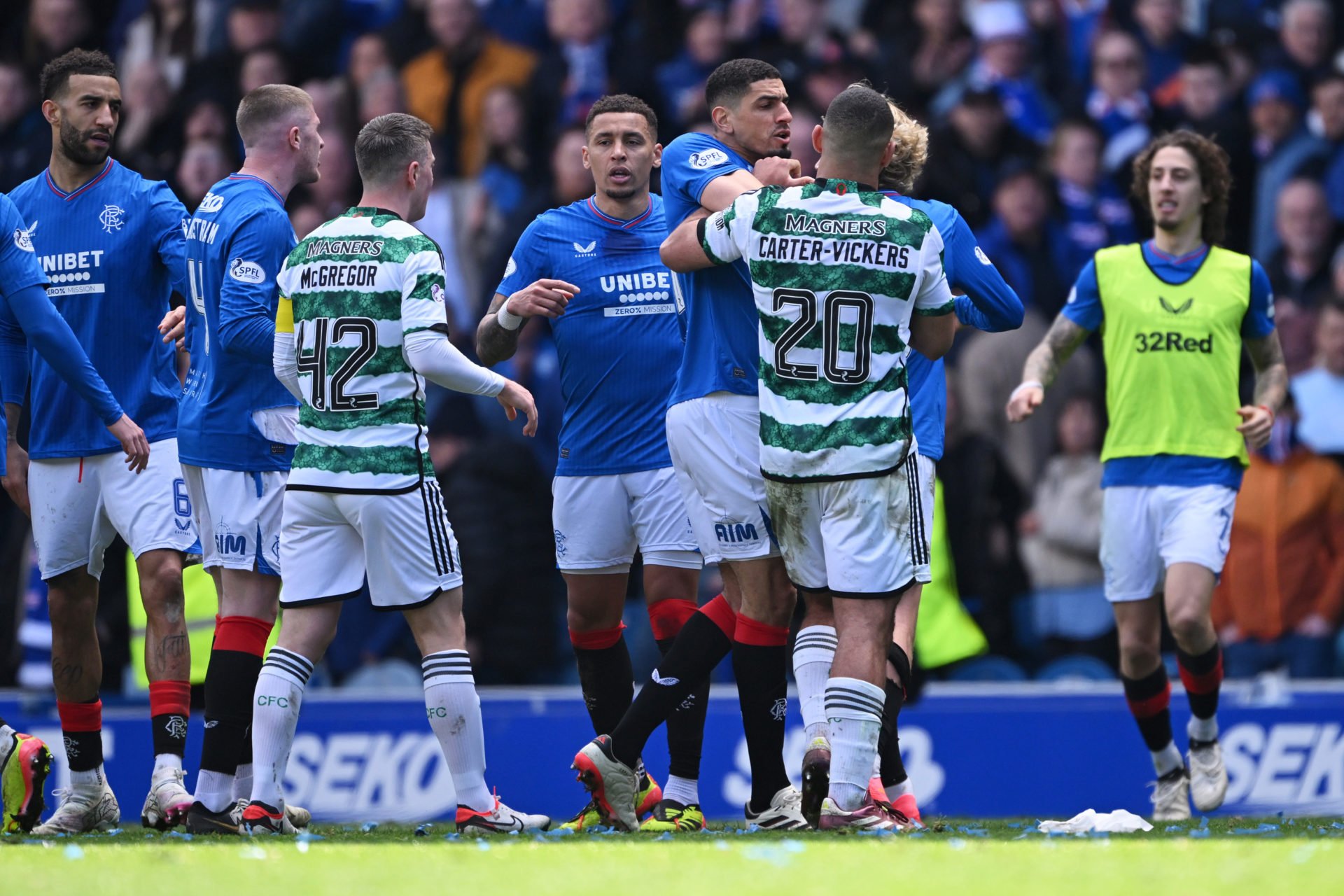 Leon Balogun of Rangers clashes with Cameron Carter-Vickers of Celtic during the Cinch Scottish Premiership match between Rangers FC and Celtic FC ...